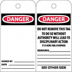 NMC - 6" High x 3" Long, DANGER, English Safety & Facility Accident Prevention Tag - Tag Header: Danger, 2 Sides, White Poly - Exact Tooling