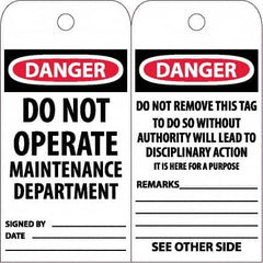 NMC - 6" High x 3" Long, DANGER - DO NOT OPERATE - MAINTENANCE DEPARTMENT, English Safety & Facility Accident Prevention Tag - Tag Header: Danger, 2 Sides, White Poly - Exact Tooling