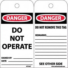 NMC - 6" High x 3" Long, DANGER - DO NOT OPERATE, English Safety & Facility Accident Prevention Tag - Tag Header: Danger, 2 Sides, White Poly - Exact Tooling