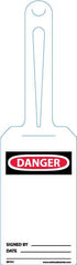 NMC - 11-1/4" High x 3-1/4" Long, DANGER - SIGNED BY____ DATE ____, English Safety & Facility Tag - Tag Header: Danger, 1 Side, White Unrippable Vinyl - Exact Tooling