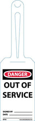NMC - 11-1/4" High x 3-1/4" Long, Danger - Out of Service, English Safety & Facility Tag - Tag Header: Danger, 1 Side, White Unrippable Vinyl - Exact Tooling