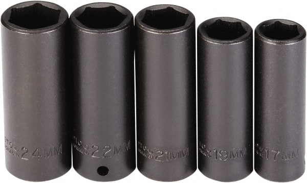 Proto - 5 Piece 1/2" Drive Black Finish Deep Well Socket Set - 6 Points, 17mm to 24mm Range, Metric Measurement Standard - Exact Tooling