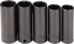 Proto - 5 Piece 1/2" Drive Black Finish Deep Well Socket Set - 6 Points, 17mm to 24mm Range, Metric Measurement Standard - Exact Tooling