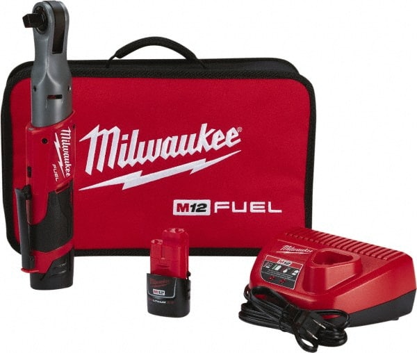 Milwaukee Tool - 1/2" Drive 12 Volt Pistol Grip Cordless Impact Wrench & Ratchet - 175 RPM, 60 Ft/Lb Torque, 2 Lithium-Ion Batteries Included - Exact Tooling