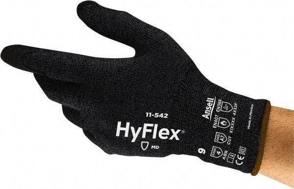 Ansell - Size S (7), ANSI Cut Lvl A7, Puncture Lvl 3, Abrasion Lvl 4, Nitrile Coated Cut Resistant Gloves - 10.3681" Long, Palm & Fingertips Coated, Kevlar, Nylon, Spandex & Steel Lining, Knit Wrist, Black, Paired - Exact Tooling