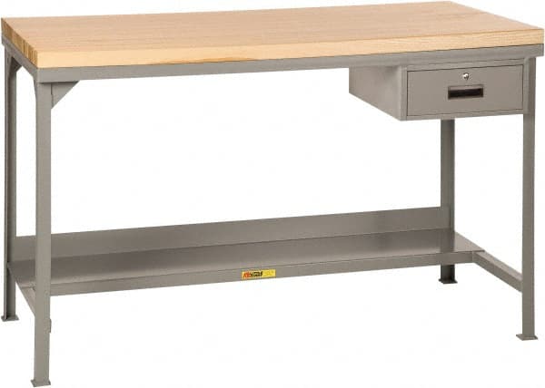 Little Giant - 72 Wide x 36" Deep x 37-3/4" High, Butcher Block Heavy-Duty Workbench with Butcher Block Top - Fixed Legs, Gray - Exact Tooling