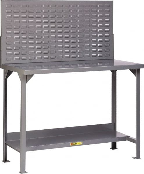 Little Giant - 72 Wide x 36" Deep x 60" High, 12 Gauge Steel Heavy-Duty Workbench with Louvered Panel - Fixed Legs, Gray - Exact Tooling
