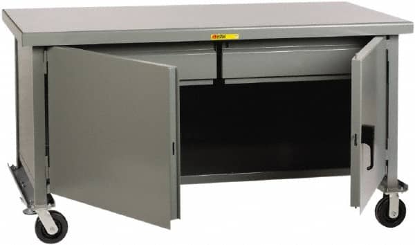 Little Giant - 3,600 Lb Capacity, 2 Shelf, 2 Drawer, 2 Door Mobile Heavy-Duty Workbench Cabinet - 72" Wide x 30" Deep x 37-1/2" High, Steel, Gray - Exact Tooling