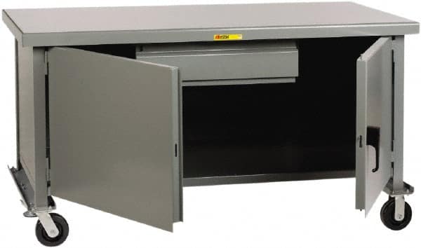 Little Giant - 3,600 Lb Capacity, 2 Shelf, 1 Drawer, 2 Door Mobile Heavy-Duty Workbench Cabinet - 72" Wide x 36" Deep x 37-1/2" High, Steel, Gray - Exact Tooling