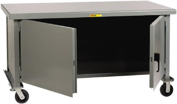 Little Giant - 3,600 Lb Capacity, 2 Shelf, 2 Door Mobile Heavy-Duty Workbench Cabinet - 72" Wide x 30" Deep x 37-1/2" High, Steel, Gray - Exact Tooling