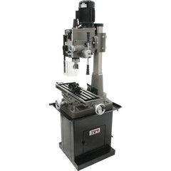 Jet - 1 Phase, 19-11/16" Swing, Geared Head Mill Drill Combination - 32-1/4" Table Length x 9-1/2" Table Width, 20-1/2" Longitudinal Travel, 8-1/4" Cross Travel, 6 Spindle Speeds, 1.5 hp, 115/230 Volts - Exact Tooling