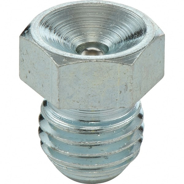 Umeta - Straight Head Angle, M12x1.50 Metric Steel Flush-Style Grease Fitting - 14mm Hex, 14mm Overall Height, 9.5mm Shank Length, Zinc Plated Finish - Exact Tooling
