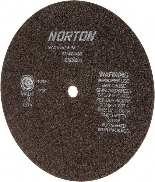 Norton - 8" 60 Grit Aluminum Oxide Cutoff Wheel - 1/16" Thick, 1/2" Arbor, 5,730 Max RPM, Use with Stationary Grinders - Exact Tooling