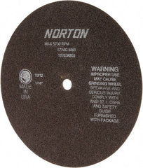 Norton - 8" 60 Grit Aluminum Oxide Cutoff Wheel - 1/16" Thick, 1/2" Arbor, 5,730 Max RPM, Use with Stationary Grinders - Exact Tooling