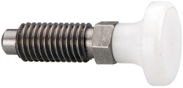 Gibraltar - M12x1.75, 25mm Thread Length, 0.314" Max Plunger Diam, 0.56 Lb Init to 1.8 Lb Final End Force, Knob Handle Plunger - Delrin Knob, 1.2" Body Length, 0.98" Length Under Head/Shoulder, 0.236" Plunger Projection - Exact Tooling