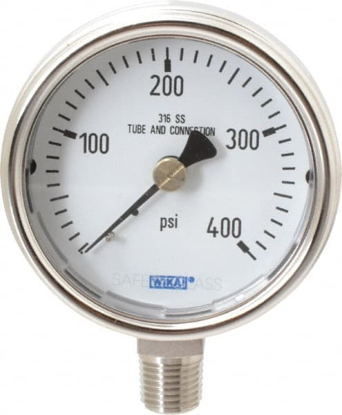 Wika - 2-1/2" Dial, 1/4 Thread, 0-400 Scale Range, Pressure Gauge - Lower Connection Mount, Accurate to 2-1-2% of Scale - Exact Tooling