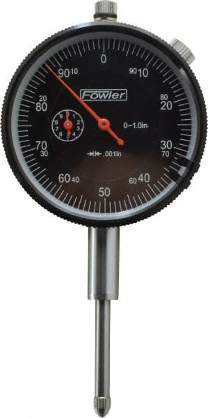 Fowler - 1" Range, 0-100 (Continuous), 0-50-0 (Balanced) Dial Reading, 0.001" Graduation Dial Drop Indicator - 2-1/4" Dial, 1mm Range per Revolution, Revolution Counter - Exact Tooling