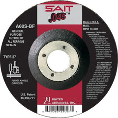 Sait - 60 Grit, 6" Wheel Diam, 7/8" Arbor Hole, Type 27 Depressed Center Wheel - Aluminum Oxide, Resinoid Bond, S Hardness, 10,200 Max RPM, Compatible with Angle Grinder - Exact Tooling