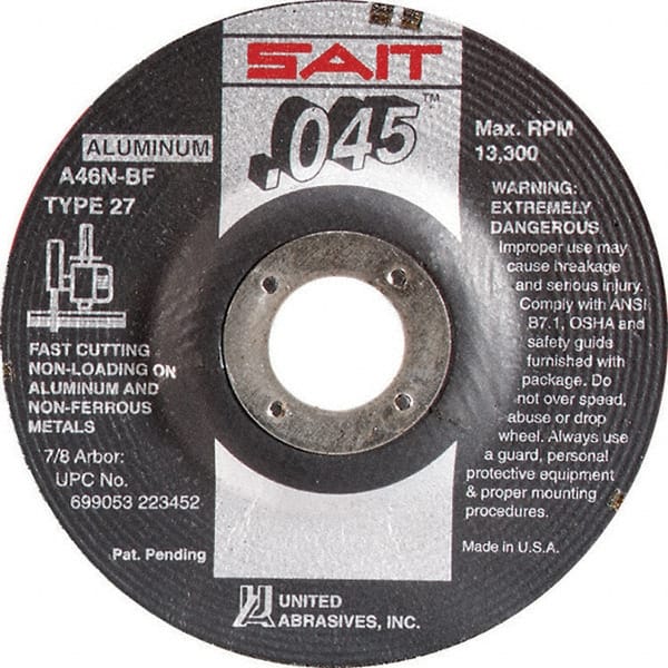 Sait - 46 Grit, 6" Wheel Diam, 7/8" Arbor Hole, Type 27 Depressed Center Wheel - Aluminum Oxide, Resinoid Bond, N Hardness, 10,200 Max RPM, Compatible with Angle Grinder - Exact Tooling