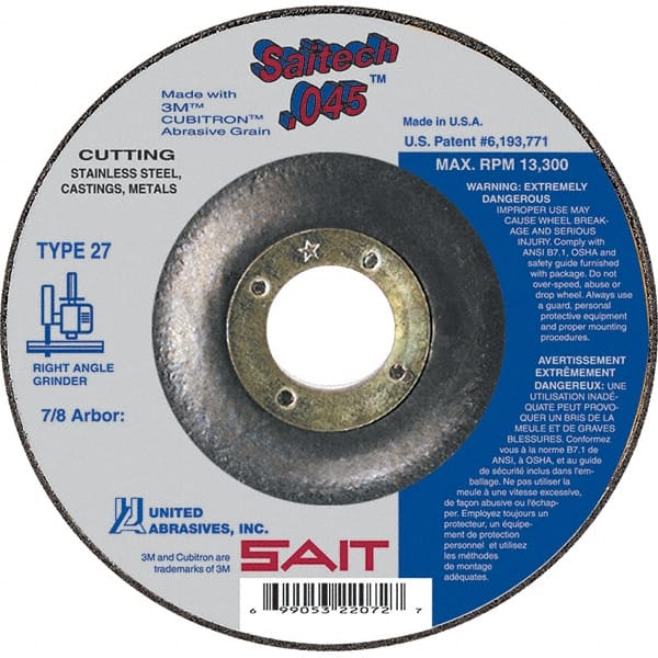 Sait - 4-1/2" Wheel Diam, 7/8" Arbor Hole, Type 27 Depressed Center Wheel - Ceramic, Resinoid Bond, 13,300 Max RPM, Compatible with Angle Grinder - Exact Tooling