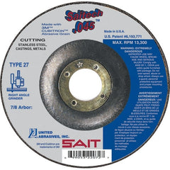 Sait - 4-1/2" Wheel Diam, 7/8" Arbor Hole, Type 27 Depressed Center Wheel - Ceramic, Resinoid Bond, 13,300 Max RPM, Compatible with Angle Grinder - Exact Tooling