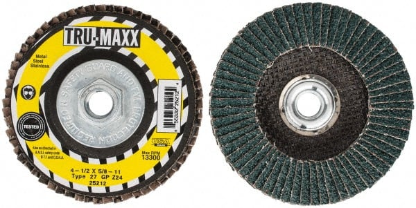 Tru-Maxx - 24 Grit, 4-1/2" Disc Diam, 5/8-11 Center Hole, Type 27 Zirconia Alumina Flap Disc - 13,300 Max RPM, Arbor Attaching System, Coated - Exact Tooling