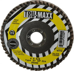 Tru-Maxx - 24 Grit, 4" Disc Diam, 5/8" Center Hole, Type 27 Zirconia Alumina Flap Disc - 15,300 Max RPM, Arbor Attaching System, Coated - Exact Tooling