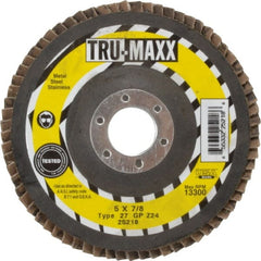 Tru-Maxx - 24 Grit, 5" Disc Diam, 7/8" Center Hole, Type 27 Zirconia Alumina Flap Disc - 12,200 Max RPM, Arbor Attaching System, Coated - Exact Tooling