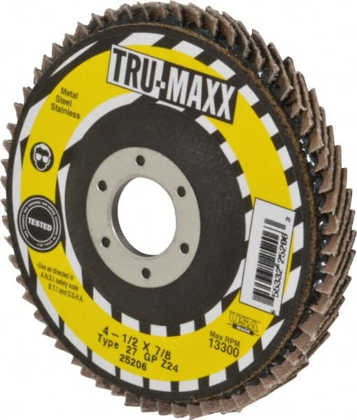 Tru-Maxx - 24 Grit, 4-1/2" Disc Diam, 7/8" Center Hole, Type 27 Zirconia Alumina Flap Disc - 13,300 Max RPM, Arbor Attaching System, Coated - Exact Tooling