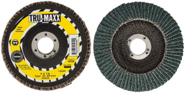 Tru-Maxx - 24 Grit, 5" Disc Diam, 7/8" Center Hole, Type 29 Zirconia Alumina Flap Disc - 12,200 Max RPM, Arbor Attaching System, Coated - Exact Tooling