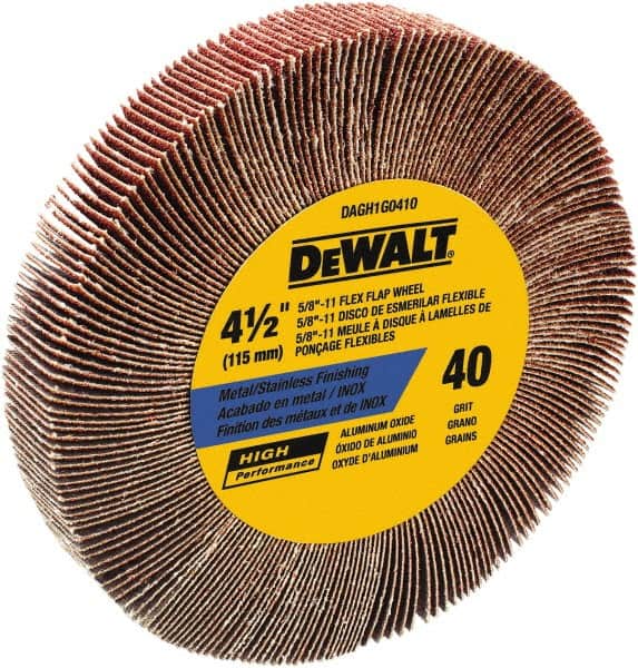 DeWALT - 4-1/2" Diam, 40 Grit Aluminum Oxide Unmounted Flap Wheel - 5/8-11 Thread, 1-1/8" Wide, Coated, Coarse Grade, 13,300 Max RPM - Exact Tooling