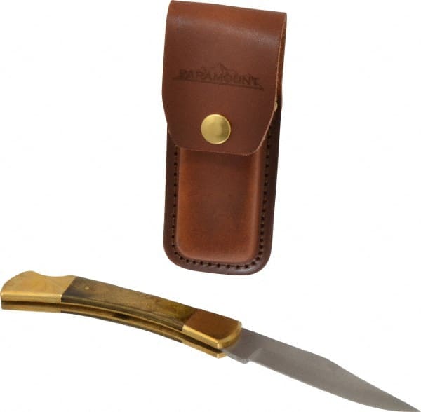 Paramount - 3-3/4" Blade, 8-1/2" OAL, Clip Point Folding Knife - 4-3/4" Closed Length, Wood, 1 Blade, Solid Brass Bolsters & Pins/Leather Sheath - Exact Tooling