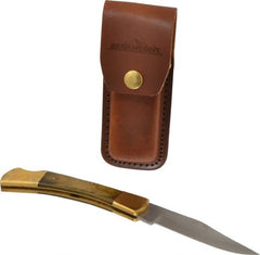 Paramount - 3-3/4" Blade, 8-1/2" OAL, Clip Point Folding Knife - 4-3/4" Closed Length, Wood, 1 Blade, Solid Brass Bolsters & Pins/Leather Sheath - Exact Tooling