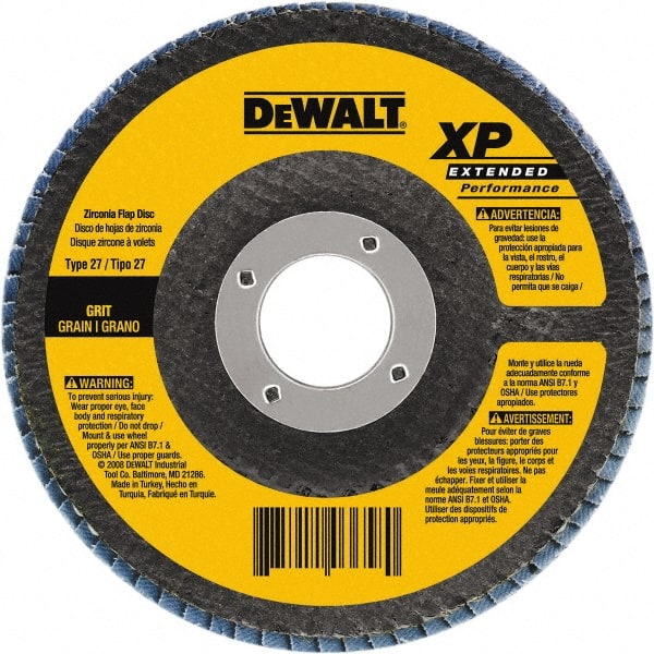 DeWALT - 120 Grit, 5" Disc Diam, 5/8-11 Center Hole, Type 29 Zirconia Alumina Flap Disc - 12,200 Max RPM, Poly Cotton Backing, Arbor Attaching System, Coated - Exact Tooling