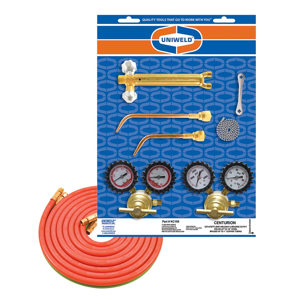 Made in USA - Oxygen/Acetylene Torch Kits; Type: Brazing & Welding Outfit ; Welding Capacity: 1/4 (Inch); Maximum Heating Capacity: 5600?F ; Contents: Welding Handle 71; Oxygen Regulator RO100; Fuel Gas Regulator RMC100; Welding Brazing Tip TYPE17-0; TYP - Exact Tooling