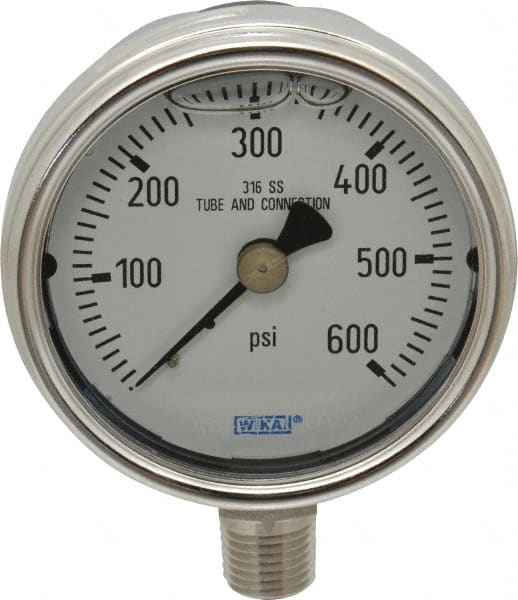 Wika - 2-1/2" Dial, 1/4 Thread, 0-600 Scale Range, Pressure Gauge - Lower Connection Mount, Accurate to 2-1-2% of Scale - Exact Tooling
