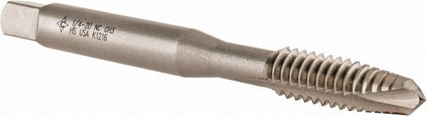 Cleveland - 1/4-20 UNC, 2 Flute, Bright Finish, High Speed Steel Spiral Point Tap - Plug Chamfer, Right Hand Thread, 63.5mm OAL, 25.4mm Thread Length, 3B Class of Fit, Series 1011 - Exact Tooling