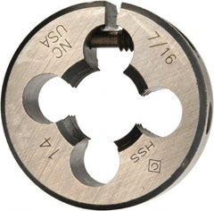 Cle-Line - 7/16-14 UNC Thread, 1" Outside Diam High Speed Steel Round Die - 3/8" Thick, Right Hand Thread, Adjustable - Exact Tooling