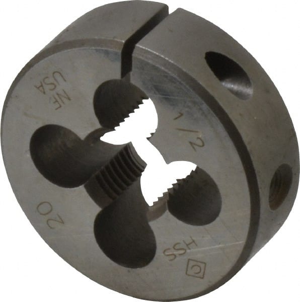 Cle-Line - 1/2-20 UNF Thread, 1-1/2" Outside Diam High Speed Steel Round Die - 1/2" Thick, Right Hand Thread, Adjustable - Exact Tooling