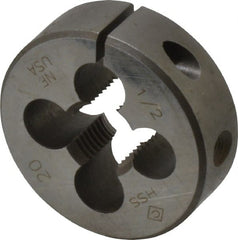 Cle-Line - 1/2-20 UNF Thread, 1-1/2" Outside Diam High Speed Steel Round Die - 1/2" Thick, Right Hand Thread, Adjustable - Exact Tooling