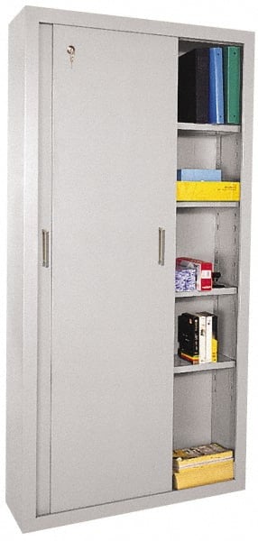 Sandusky Lee - 5 Shelf Sliding Door Storage Cabinet - Steel, 36" Wide x 18" Deep x 72" High, Light Gray - Exact Tooling