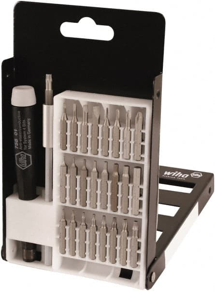 Wiha - 27 Piece, 4mm Drive Screwdriver Micro Bit Set - #000 to #1 Phillips, 0.7 to 4mm Hex, T3 to T15 Torx, 1.5, 2, 3 & 4mm Slotted - Exact Tooling