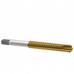 Kennametal - M10x1.50 Metric Coarse, 3 Flute, TiN Finish, High Speed Steel Spiral Point Tap - Plug Chamfer, Right Hand Thread, 2-15/16" OAL, 1-1/4" Thread Length, 0.381" Shank Diam, 6H Class of Fit, Series 2351T - Exact Tooling