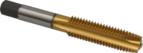 Kennametal - M12x1.75 Metric Coarse, 3 Flute, TiN Finish, High Speed Steel Spiral Point Tap - Plug Chamfer, Right Hand Thread, 3-3/8" OAL, 1.656" Thread Length, 0.367" Shank Diam, 6H Class of Fit, Series 2351T - Exact Tooling