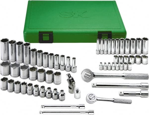 SK - 62 Piece 1/4 & 3/8" Drive Standard Deep Socket Set - 6 Points, 5.5 to 13mm, Metric Measurement Standard - Exact Tooling