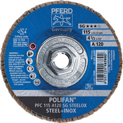 PFERD - Flap Discs; Abrasive Type: Coated ; Flap Disc Type: Type 29 ; Disc Diameter (Inch): 4-1/2 ; Abrasive Material: Aluminum Oxide ; Grit: 120 ; Attaching System: Threaded Hole - Exact Tooling