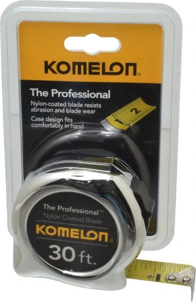 Komelon - 30' x 1" Yellow Blade Tape Measure - 1/16" Graduation, Inch Graduation Style, Silver Case - Exact Tooling