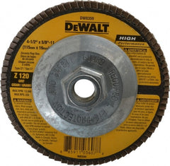 DeWALT - 120 Grit, 4-1/2" Disc Diam, 5/8-11 Center Hole, Type 27 Zirconia Alumina Flap Disc - 13,300 Max RPM, Fiberglass Backing, Arbor Attaching System, Coated - Exact Tooling