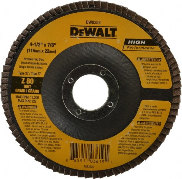 DeWALT - 80 Grit, 4-1/2" Disc Diam, 7/8" Center Hole, Type 27 Zirconia Alumina Flap Disc - 13,300 Max RPM, Fiberglass Backing, Arbor Attaching System, Coated - Exact Tooling