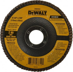 DeWALT - 80 Grit, 4-1/2" Disc Diam, 7/8" Center Hole, Type 27 Zirconia Alumina Flap Disc - 13,300 Max RPM, Fiberglass Backing, Arbor Attaching System, Coated - Exact Tooling